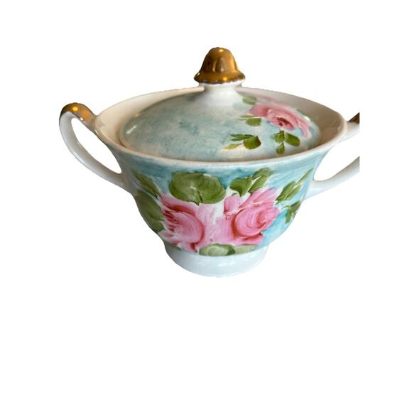 Hand Painted Porcelain Sugar Or Honey Bowl Lid Blue Pink Roses Gold Trim Signed - Picture 3 of 16